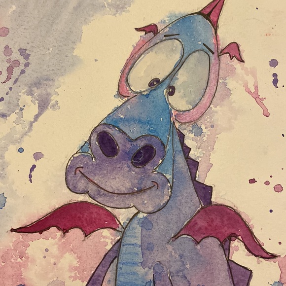 Unframed Original Art Watercolour Fun Cartoon Illustration of Dragon w Spatter - Picture 4 of 5